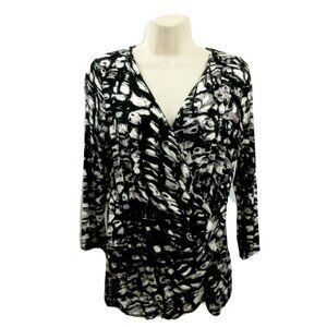 CALVIN KLEIN Faux Wrap Front Top Size M Black Print V-Neck 3/4 Sleeves Stretch
